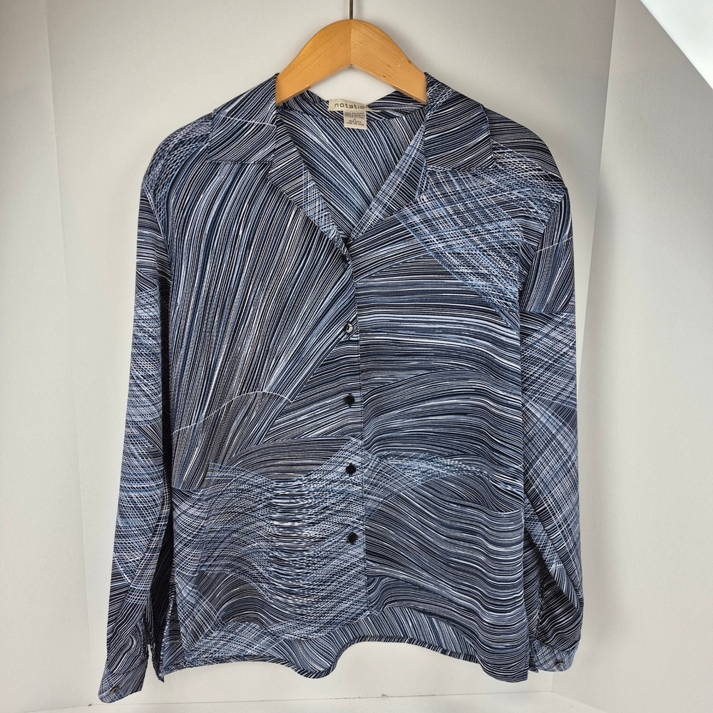 Notations Blouse Women L Blue Abstract‎ Print Button Front Long Sleeve Top Vtg